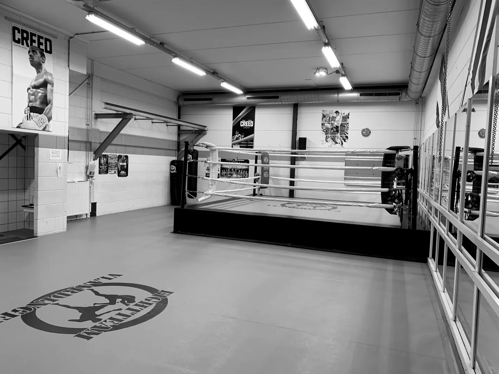 De trainingsruimte met matten en bokszakken